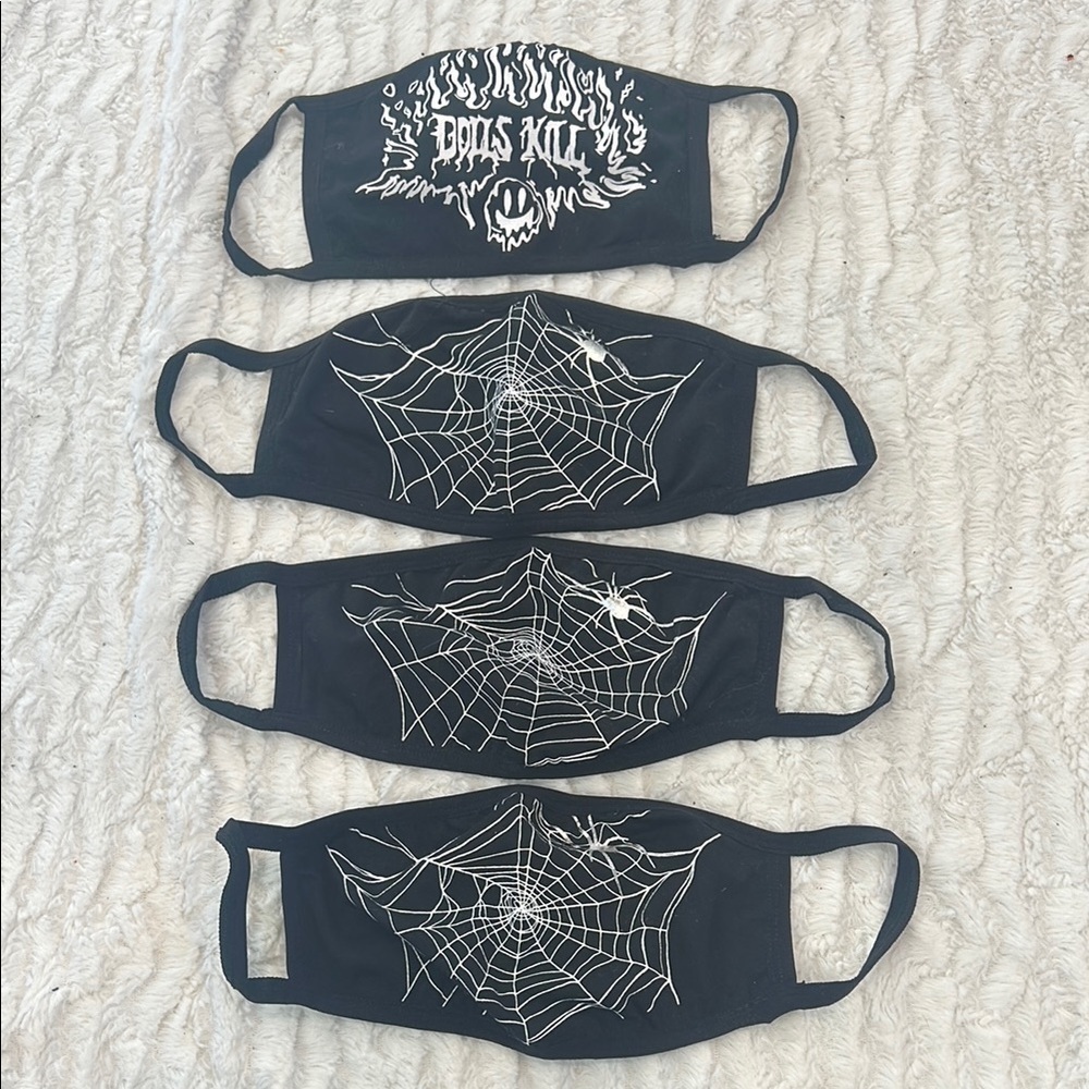 Dolls Kill Bundle of 4 Black Graphic Face Masks sided web / fire set nwot